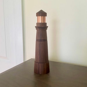 Wood Lighthouse Crafted in Upcycled Walnut Wood with Copper, Maritime Living, Beach House Decor, Lake House Gift, Christmas Village Decor