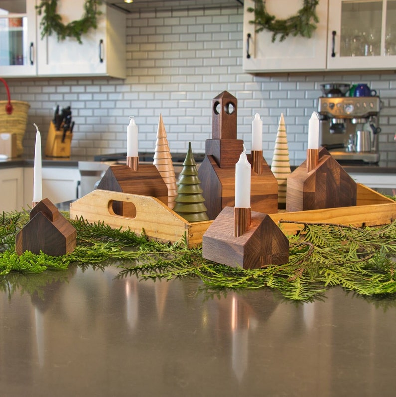 Modern Christmas Village Copper Candlestick Holder Little Wooden Houses Christmas Candle Holder Set image 4