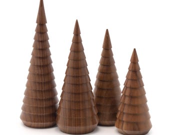Hand-turned walnut Christmas trees from Maine, handcrafted fir trees
