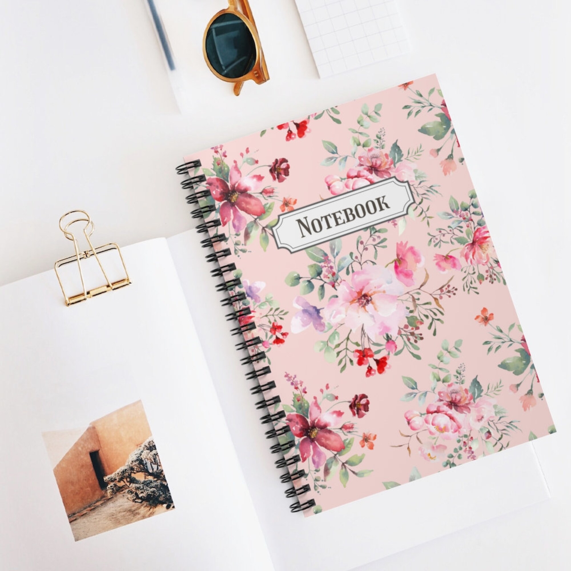 Pink Floral Spiral Notebook, Ruled Line Notebook, Floral Spiral Notebook