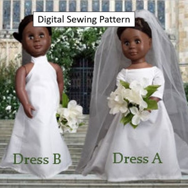 18 inch Doll Dress Sewing Patterns Halter Neck and Off Shoulder Dresses with Full Skirt and Train (Wedding Dress) Easy Pattern for Beginners