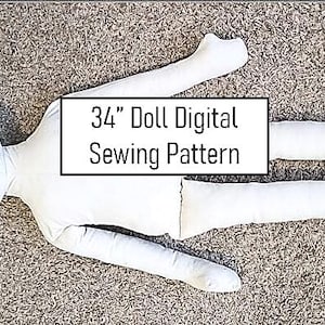 May include: A white, stuffed doll form, approximately 86 cm in length, lies on a textured, neutral-coloured surface. The doll has a head, torso, arms, and legs. The text "34" Doll Digital Sewing Pattern" is displayed in a black rectangle.
