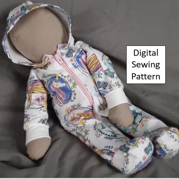 Baby doll hooded sleeper with feet sewing pattern (instant download) for dolls sizes 9 inches to 19 inches - 6 sizes!