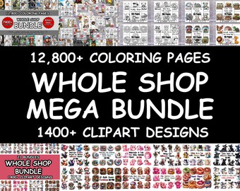 Whole Shop Mega Bundle, Huge Bundle, Variety Coloring Pages, Variety Clipart PNG, Digital Download, Printable PDF