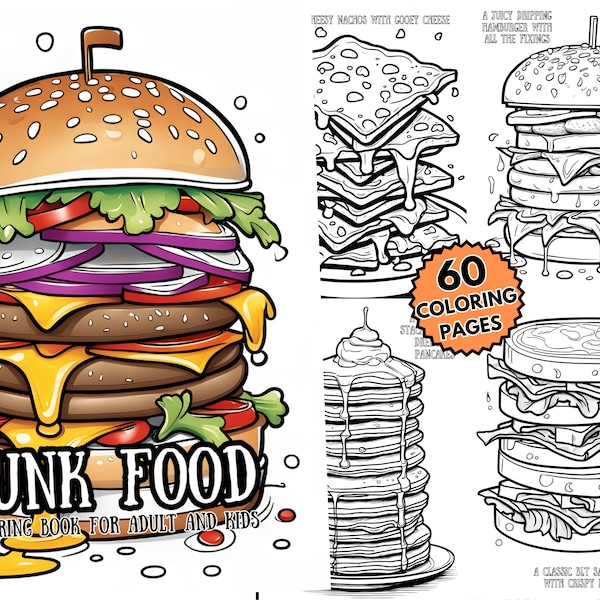 Junk Food Coloring Pages for Adults and Kids - 60 Pages + Free Cover (png)