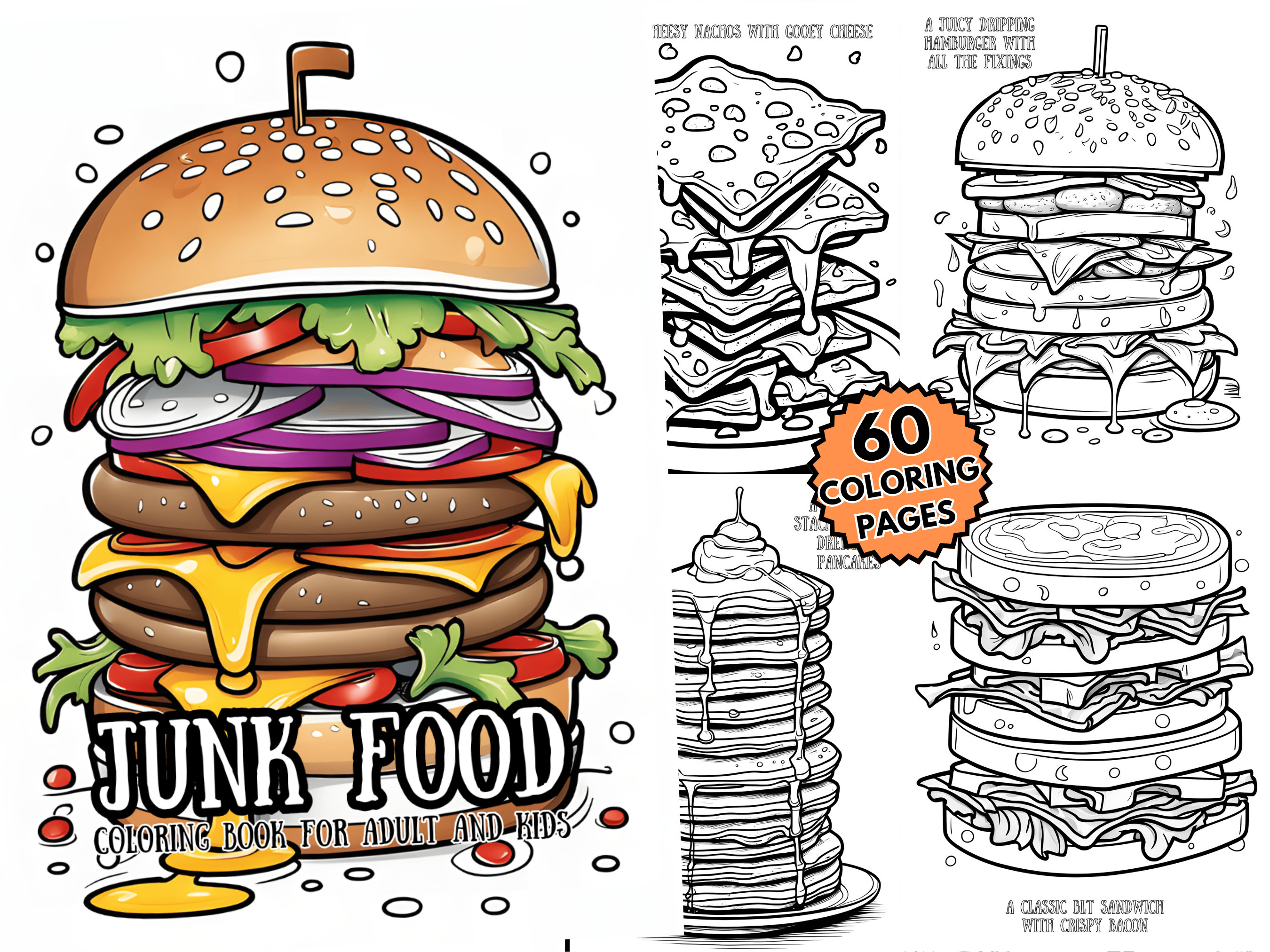 Junk Food Coloring Pages for Adults and Kids 60 Pages Free Cover png Etsy