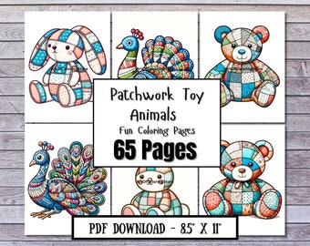 May include: A set of six coloring pages featuring patchwork toy animals. The animals include a rabbit, a peacock, and a teddy bear. The pages are designed for children and are perfect for a fun and creative activity.  Patchwork Toy Animals Fun Coloring Pages 65 Pages PDF DOWNLOAD - 8.5" X 11"