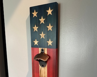 Rustic American Flag Bottle Opener with Magnet to catch bottle caps - Hand Carved Stars
