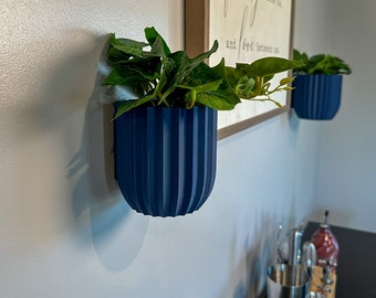 May include: Two blue wall-mounted planters with green plants. The planters have a ribbed design and are hanging on a white wall.