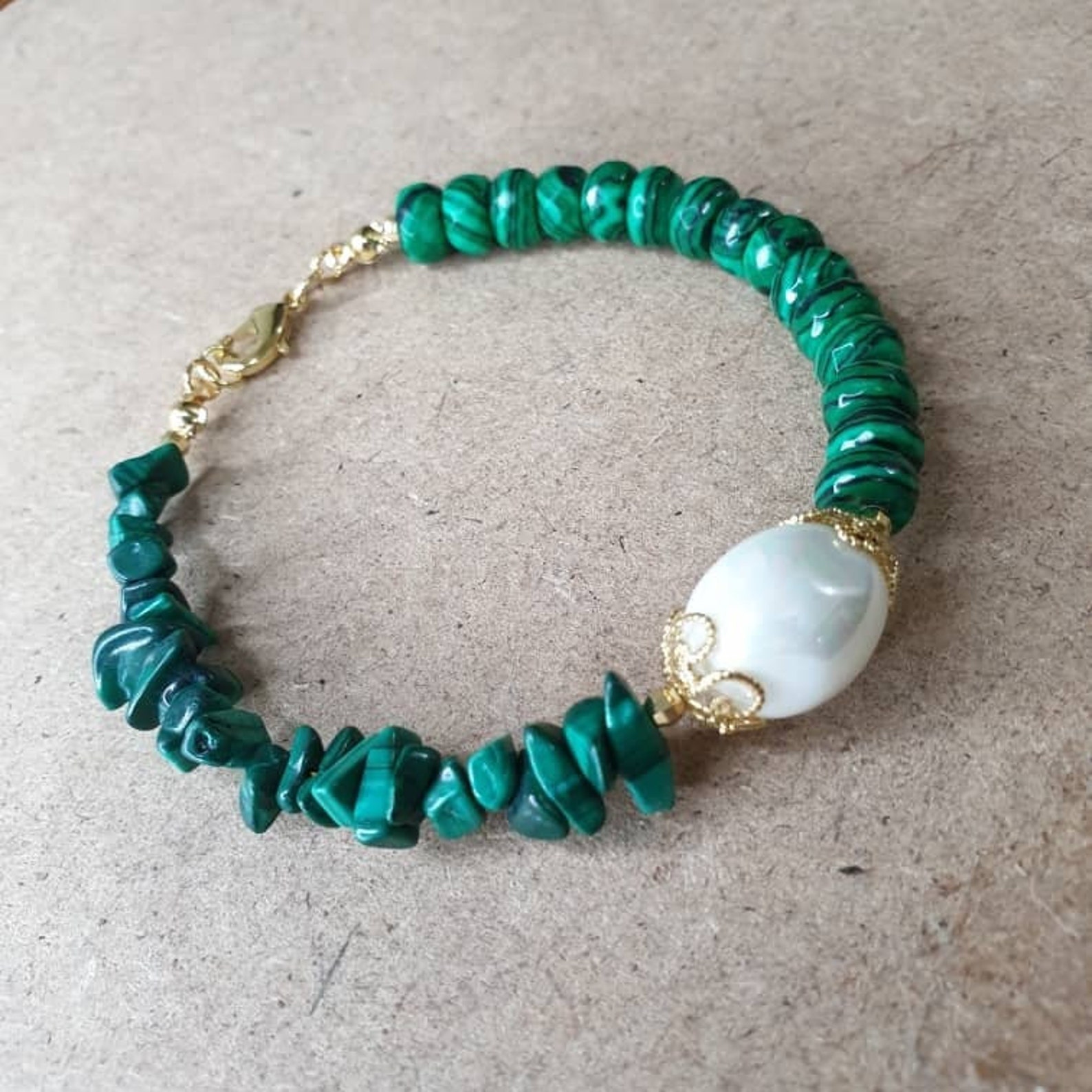 Malachite Bracelet with shell bead Etsy