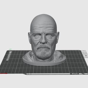 以下が含まれることがあります： はげ頭で眼鏡をかけ、真面目な表情をした男性の灰色の3Dプリントの胸像です。