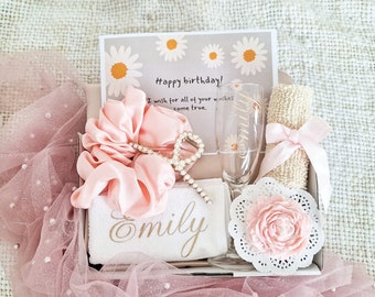 Birthday Personalised Self Care Gift with bath blend flowers, candle, scrunchie, exfoliator, face wash and flute glass