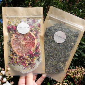 Relax & Unwind Duo.  Dried Grapefruit and Camomile Bath Blend and Peppermint Herbal Tea Blend