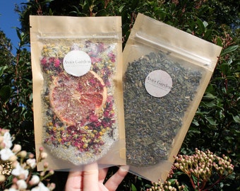 Relax & Unwind Duo.  Dried Grapefruit and Camomile Bath Blend and Peppermint Herbal Tea Blend