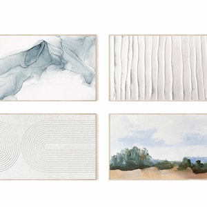 May include: Set of four framed abstract art prints. The first print features a blue and white abstract design. The second print features a white and gray textured design. The third print features a white and gray geometric design. The fourth print features a landscape scene with green trees and a blue sky.
