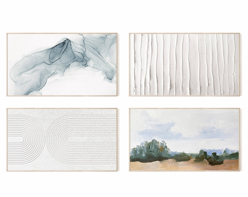 May include: Set of four framed abstract art prints. The first print features a blue and white abstract design. The second print features a white and gray textured design. The third print features a white and gray geometric design. The fourth print features a landscape scene with green trees and a blue sky.
