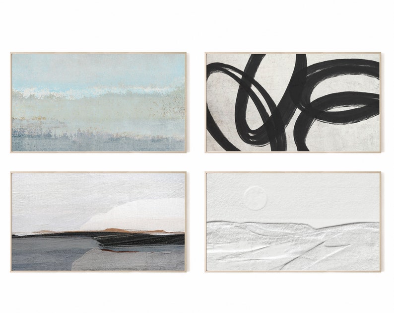 May include: Set of four abstract paintings in wooden frames. The paintings feature a variety of styles, including a blue and white landscape, a black and white abstract design, a white landscape with a textured surface, and a white landscape with a textured surface and a circle.