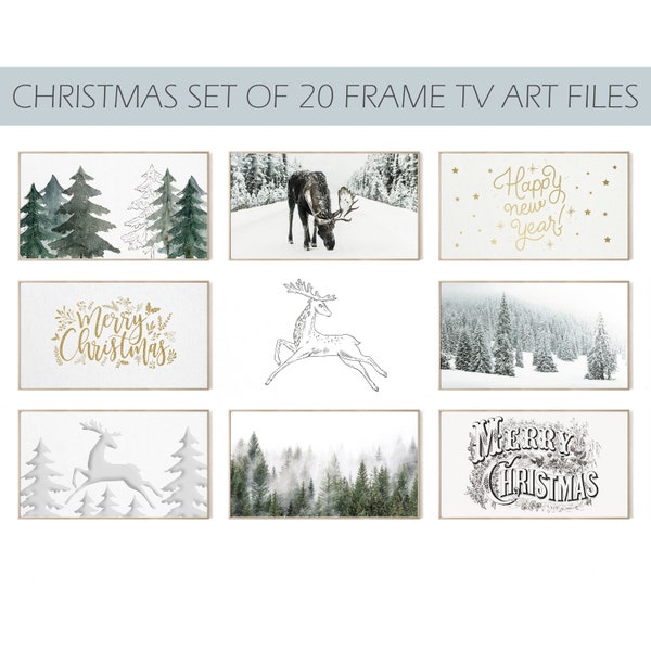 Neutral Samsung Frame TV Art Christmas Set, Frame tv Christmas forest in snow, Deer, Merry Christmas Gold Sign, Winter Holidays, Advent
