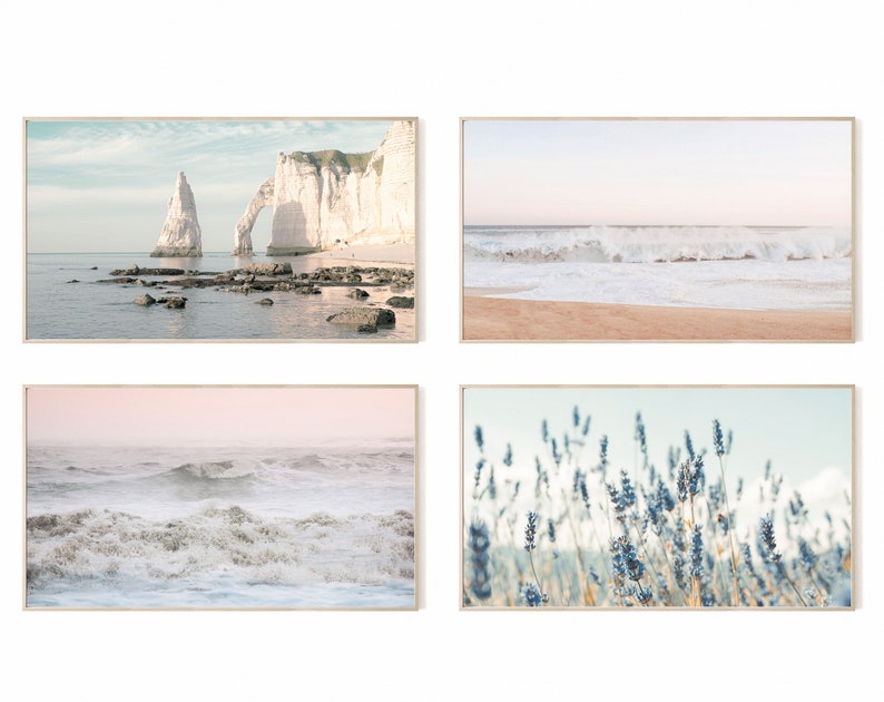 May include: Set of four landscape prints featuring coastal scenes. The first print shows a white cliff with an archway, the second shows a beach with waves crashing on the shore, the third shows a close-up of waves crashing, and the fourth shows a field of lavender.