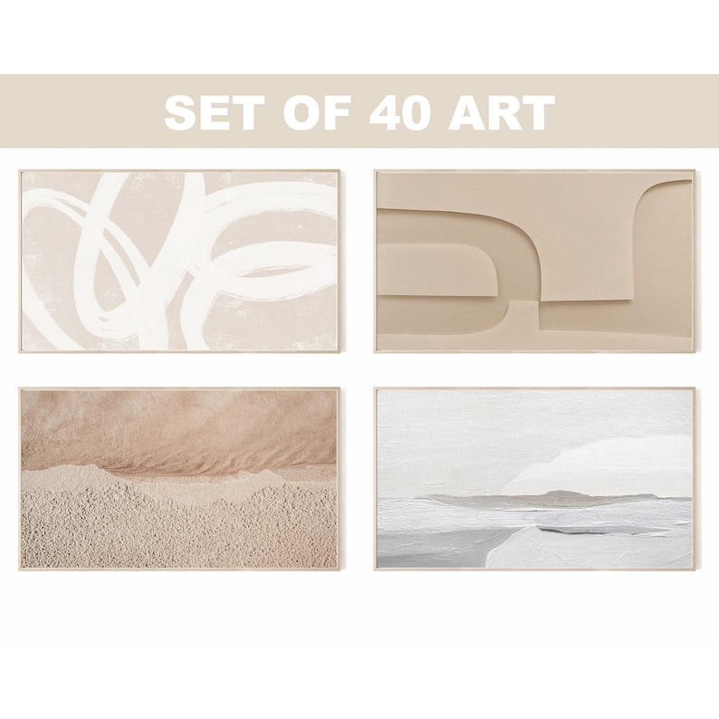 May include: Set of four abstract art prints in neutral tones. The prints feature a white line drawing on a beige background, a beige geometric design, a beige and brown sand dune landscape, and a white and gray abstract landscape.
