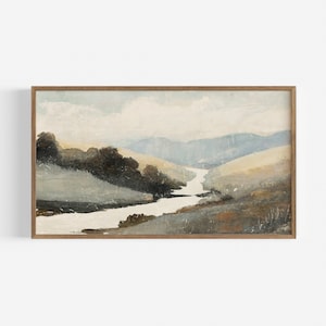 Samsung Frame TV Vintage Art, Abstract Landscape Painting In Neutral Colors, Digital Download, Riverbed Art