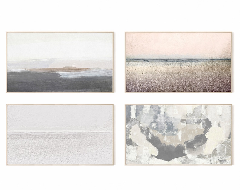 May include: Set of four abstract landscape paintings in muted tones of gray, white, and beige. The paintings are framed in a simple, light wood frame.