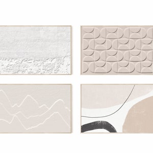 May include: Set of four abstract wall art prints in a minimalist style. The prints feature a white textured background, a geometric pattern of overlapping semi-circles, a landscape of white mountains on a light pink background, and a white background with a black line and two beige shapes.