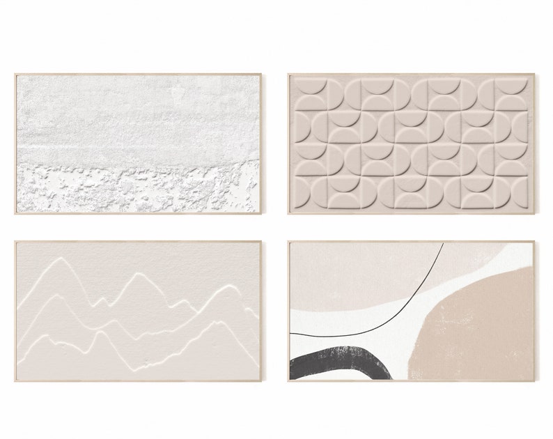 May include: Set of four abstract wall art prints in a minimalist style. The prints feature a white textured background, a geometric pattern of overlapping semi-circles, a landscape of white mountains on a light pink background, and a white background with a black line and two beige shapes.