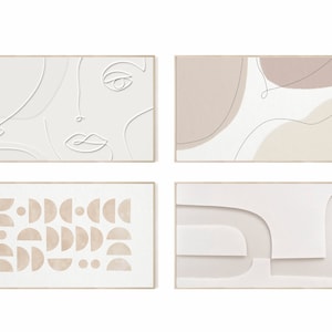 May include: Set of four abstract art prints in a minimalist style. The prints feature a combination of line art, geometric shapes, and neutral colors like beige and white. The prints are framed in a simple wooden frame.