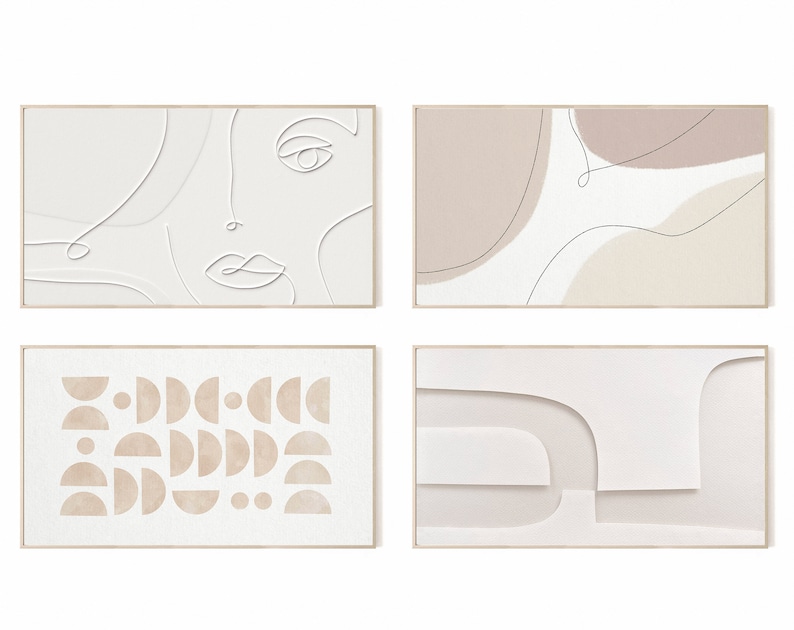 May include: Set of four abstract art prints in a minimalist style. The prints feature a combination of line art, geometric shapes, and neutral colors like beige and white. The prints are framed in a simple wooden frame.