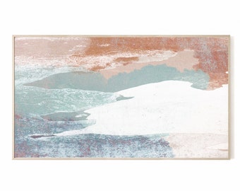 Arte abstrata em tela de TV Samsung, pintura contemporânea em tons de terracota, branco, azul e bege.