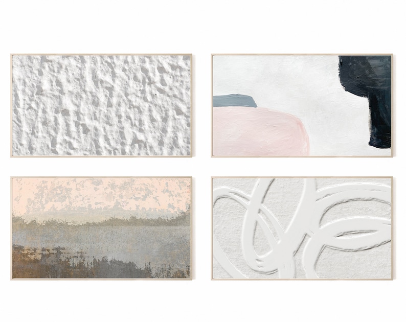 May include: Set of four abstract paintings in wooden frames. The paintings feature a variety of textures and colors, including white, gray, pink, and black.