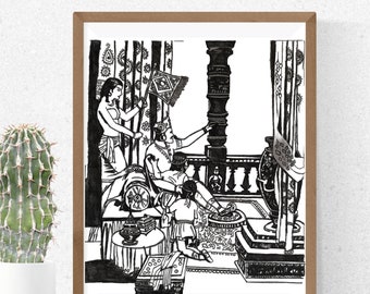 Sketch of king, vintage art print, luxury life, family print