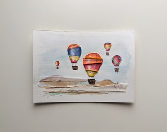 Balloon Festival - Single 5x7 Original Mixed Media Landscape Embroidery on Paper
