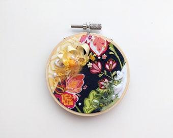 Busy and Bright - 3 inch Mixed Media Embroidery on Patchwork