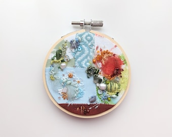 Sunday Afternoon - 3 inch Mixed Media Hoop Embroidery on Patchwork