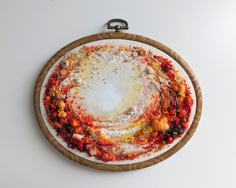 Autumn Blaze - Mixed Media Embroidered Landscape - Set in a 5.5x7 inch Oval Faux Wood Hoop
