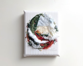 White Christmas - 4x5 inch Mixed Media Embroidered Landscape