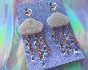 Polymer Clay Cloud Earrings, Iridescent Dangle Earrings