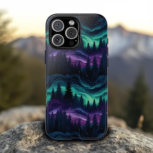 Mystical Night Northern Lights Moonlit Forest Aurora Phone Case, iPhone 16 15 14 Plus Pro, Pixel 8 7 6 5, Samsung S24 S23 S22 S21 Phonecase