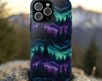 Mystical Night Northern Lights Moonlit Forest Aurora Phone Case, iPhone 16 15 14 Plus Pro, Pixel 8 7 6 5, Samsung S24 S23 S22 S21 Phonecase
