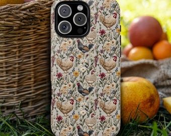 Rooster Chicken Hen Phone Case Embroidery Effect, Cottagecore Country Farmhouse Floral Phone Case, Summer Meadow, iPhone Samsung Pixel Case