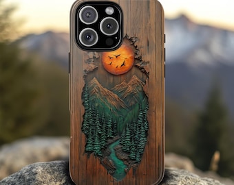 Mountain Woodland Carved Art Effect Nature Phone Case, Forest Outdoors iPhone 16 15 14 13 12 11, Pixel, Samsung S24 S23 S22 S21 Phonecase