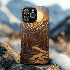Mountain Peaks Sunset Phone Case, 3D Wooden Carved Effect Forest Landscape, Gift for Nature Lovers, Outdoors Adventure Gifts Phonecase