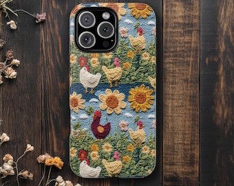 Floral Chickens Phone Case Embroidery Effect, Cottagecore Country Farmhouse Floral Phone Case, Summer Meadow, Chicken Lover Gift