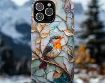 Robin Stained Glass Effect Art Phone Case, Gold Leaf Nature Design,  Amazing Artistic Bird Lover Gift, Unique iPhone Samsung Pixel Phonecase