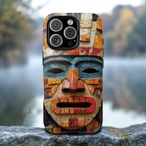 Aztec Tribal Mask Phone Case, Ancient Ethnic Mesoamerican History Art Phonecase, Iphone 16 15 14 13 12 Samsung S24 21 Google Pixel 5 6 7 8