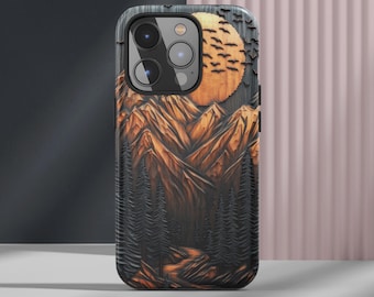 Rustic Mountain Phone Case, Forest & Sun Nature Phone Case, Carved Effect Landscape Phone Case, Gift for Nature Lovers, Outdoors Phone Case