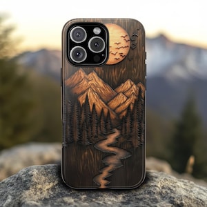 Mountain River Sunset Phone Case, 3D Wooden Carved Effect Forest Landscape, Gift for Nature Lovers, Outdoors Adventure Gifts Phonecase