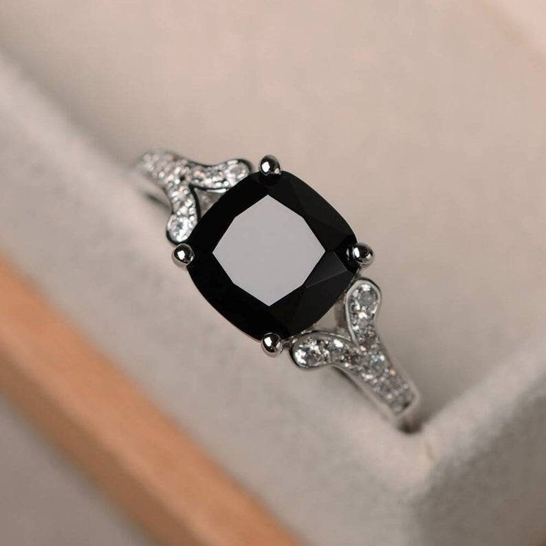 Black Gemstone Ring Black Ring Black Engagement Ring Sterling Etsy